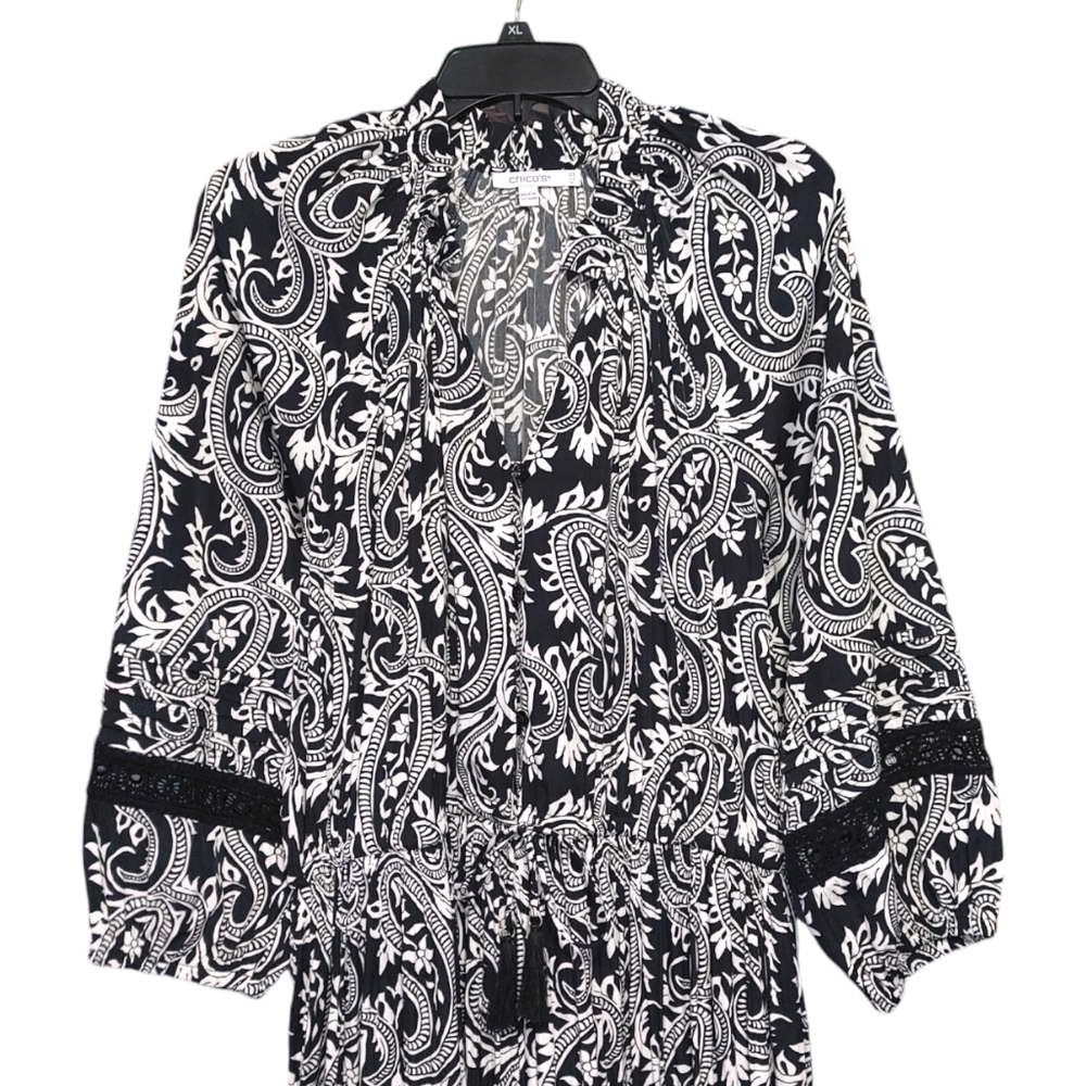 Chico's Paisley Black White Crochet Detail Ruffle Maxi Dress Women's Size 14 - Picture 8 of 14